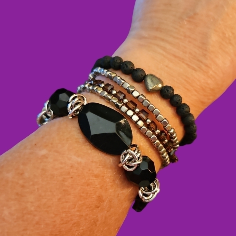Set of Three Black Beaded Stretch Bracelets